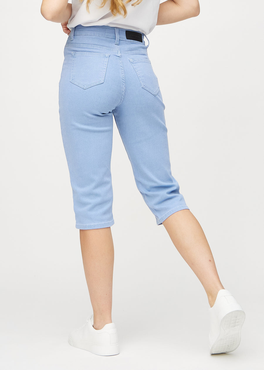 Light blue regular capris seen from the back, so the full product can be seen.