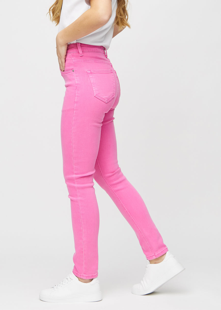 Slim jeans for women in light pink, color Flamingos. Side view on a model.