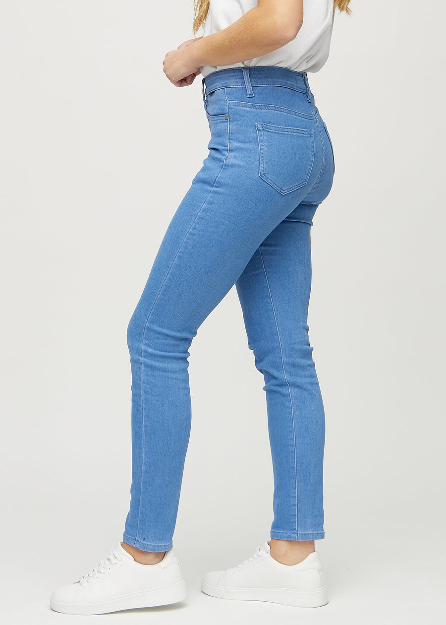 Slim jeans for women in blue, color Geraniums. Side view on a model.