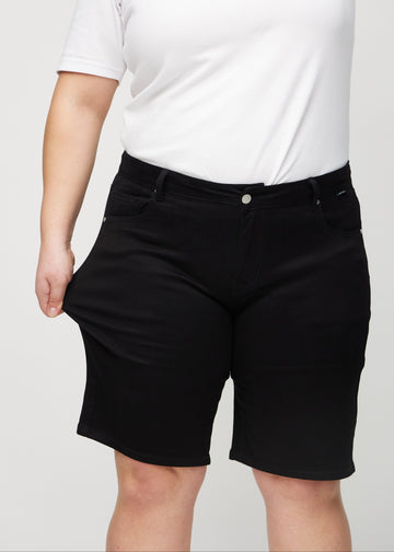 The plus-size model stretches the shorts at the thigh to show the stretch.