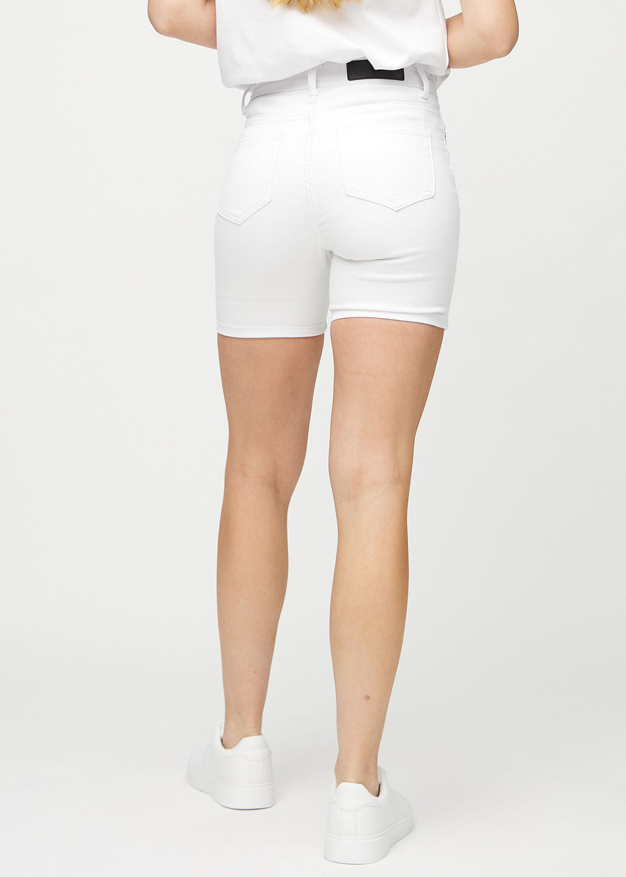 White skinny short shorts seen from the back, so the full product can be seen.