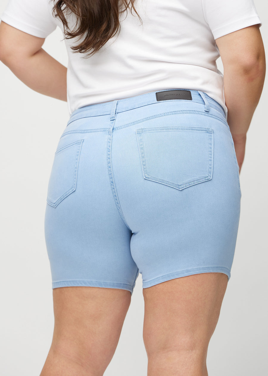 Light blue skinny short shorts seen from the back close up on a plus-size model to show details.