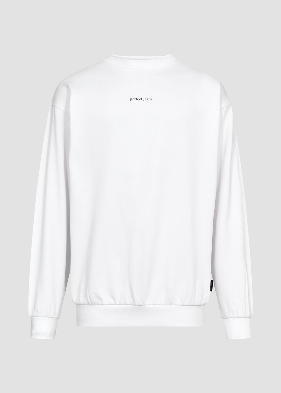 White unisex sweatshirt by Perfect Jeans with a black logo centred on the chest, front view.