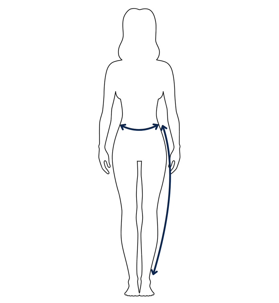 Outline af en kvindekrop med arkeringer for hvor man skal måle sig for at finde sin størrelse i Perfect Skirts